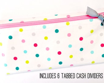 Slim coupon organizer or budget wallet with dividers | scalloped dot laminated cotton