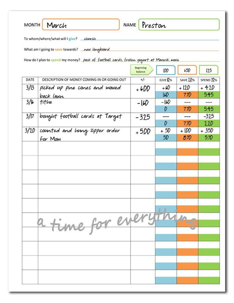 Give save spend budget sheet printable for kids instant | Etsy