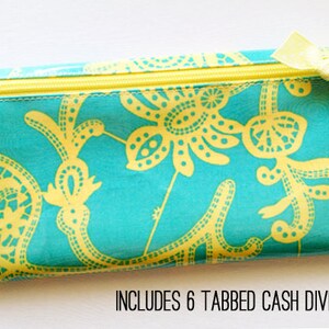 Cash budget envelope system wallet with 6 tabbed dividers | turquoise and yellow floral designer laminated cotton