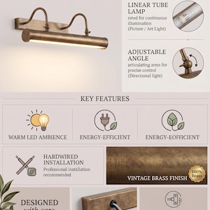 Antique Patina Brass Picture Light, Adjustable LED Art Light, Vintage Gallery Wall Lamp, Painting & Mirror Light Fixture image 10