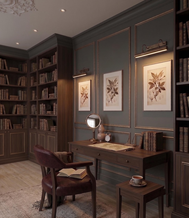 Classic gallery picture light installed above framed artwork in modern traditional interior.