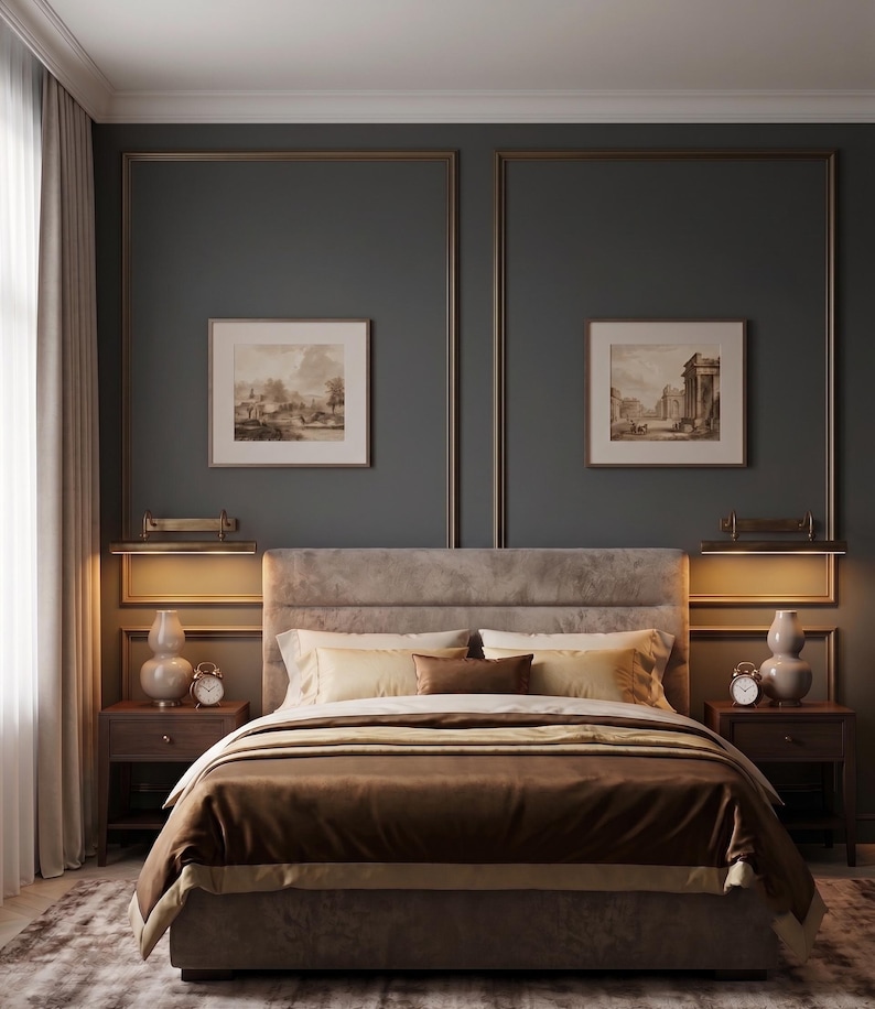 Solid brass LED picture light with antique patina finish mounted above artwork.