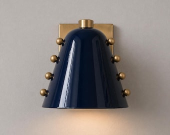 Mid Century Modern Wall Sconce Light, Navy Blue Cone Shade Wall Lamp with Brass Accents, Luxury Designer Wall Lighting Fixture