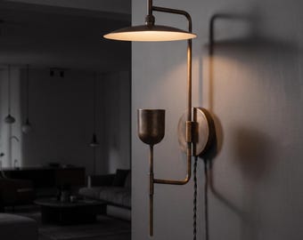 Modern Brass Wall Sconce, Articulated Swing Arm Light, Industrial Bedroom Reading Lamp, Vintage Plug In Fixture, Bedside Decor