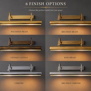 May include: Six wall-mounted picture lights with a horizontal cylindrical design and a rectangular backplate. The finishes include polished brass, brushed brass, antique patina, raw brass, chrome, and brushed chrome, each emitting a warm light.