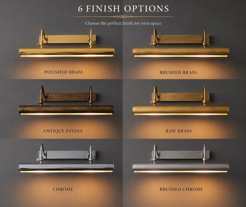 May include: Six wall-mounted picture lights with a horizontal cylindrical design and a rectangular backplate. The finishes include polished brass, brushed brass, antique patina, raw brass, chrome, and brushed chrome, each emitting a warm light.