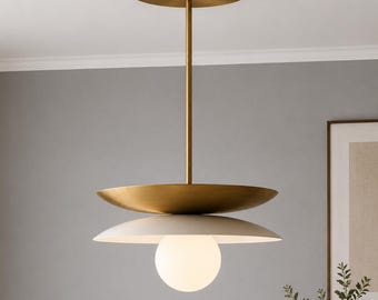 Mid Century Modern Pendant Light - Brass Ceiling Lamp with Milky Glass Globe - Handmade Hanging Light Fixture for Dining Room & Kitchen
