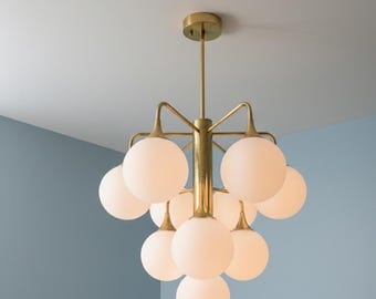 Brass Opaline Chandelier, Mid Century Handmade Milk Balls Lamp, Luxury Light 10 Arms.