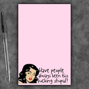 May include: A rectangular light pink notepad featuring a retro-style illustration of a woman with dark hair and red lips in the bottom left corner, accompanied by the black text: Have people always been this fucking stupid? A black pen is placed beside it.