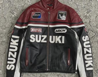 Vintage Suzuki Racing Leather Jacket Men | Retro Biker Moto GP Coat