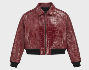 Women's Croc Embossed Leather Bomber Jacket, Cropped Zip Up Jacket Statement Outerwear