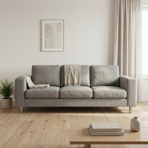 Modernes hellgraues 3-Sitzer Samtsofa mit gebürsteten Metallbeinen