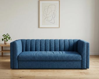 Modern Denim Blue Textured Fabric 3-Seater Sofa with Vertical Channel Tufting