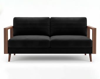 Mid-Century Modern Schwarzer texturierter Stoff 2-Sitzer Sofa mit Walnussholz Rahmen