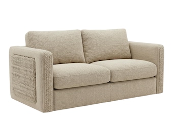 Nowoczesna beżowa sofa dwuosobowa Boucle z plecionymi podłokietnikami