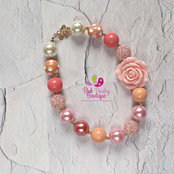 Baby Girl Chunky Necklace, Coral Bubble Gum Necklace, Big Beads Bubblegum Necklace Photo Prop Necklace, Coral Gold Birthday party Cake smash