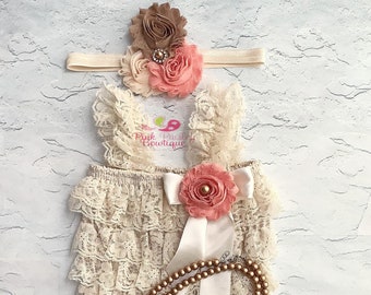 Fall color cake smash outfit Baby Girl 1st Birthday Outfit - Christmas party - Baby Romper - Dark Ivory  gold Cake Smash Outfit