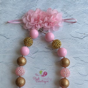 Pink & Gold Necklace, Bubblegum Necklace and headband set , Girls/Toddlers Chunky , Multi-Color Girls Necklace, image 2