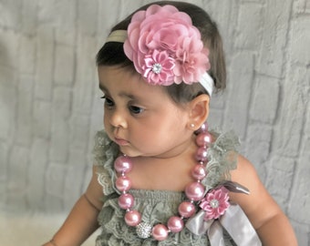 Cake Smash Outfit - Baby Girl 1st Birthday Outfit - Gray & vintage Pink Birthday party -Baby Girl Rompers - Cotton Candy Birthday