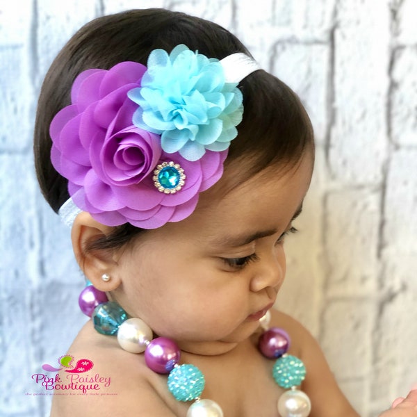 Aqua, lavender white blue necklace headband set, Baby Girl 1st Birthday headband set, Baby Girl necklace set, cake smash photo prop