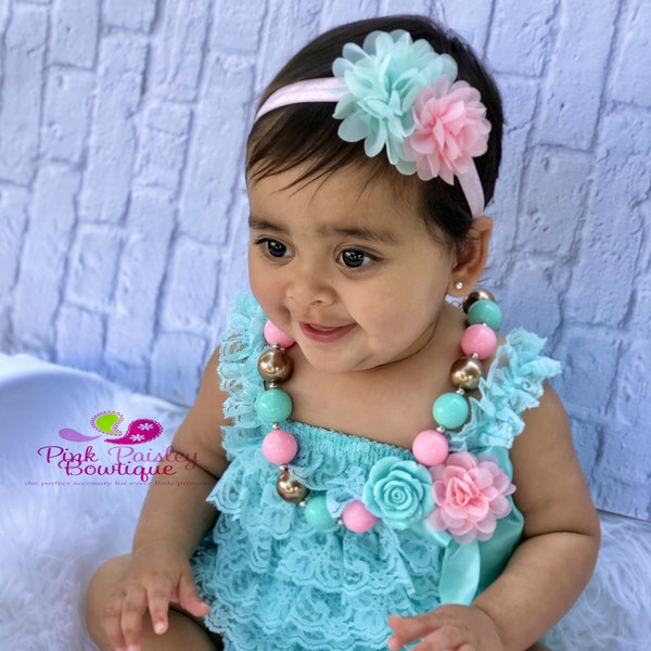 Cake Smash Outfit, 3 or 4or 5 PC Aqua Pink Lace Petti Romper. Aqua Vintage petti romper. Baby Girl 1st Birthday Outfit.