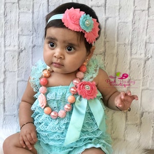 Lace Romper - Aqua & Coral 1st Birthday Photo Outfit - Baby Girl Clothes - Ruffle Romper - 1st Birthday Outfit - Cake Smash Outfit - Picture