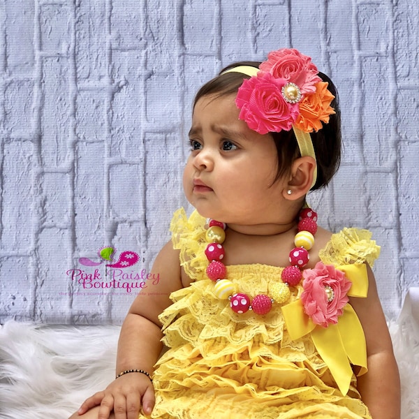 Baby Girl 1st Birthday Outfit - Petti Lace Romper- Ruffle Rompers - Baby Romper - You are my Sunshine Birthday Outfit - Yellow Petti Rompers