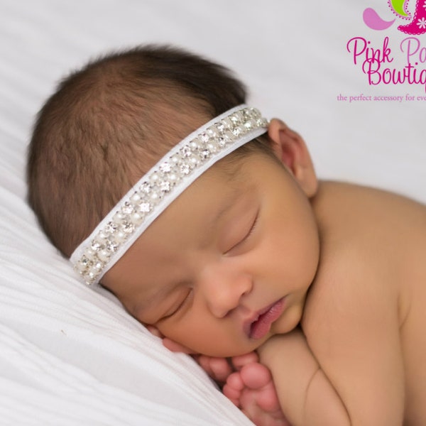 Pearl Halo Baby headband, Baby hair accessories, Pearl headband, Rhinestone Pearl Hairbows, Baby Baptism Headband, Christening Hair bows,