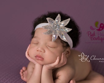 CLEARANCE Baby Headband - Silver Headband - Silver Hairbow - Infant Headband - Sparkle Headband -headband baby -Baby bows - Infant Bows