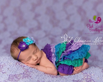 Newborn Coming home outfit 2PC, or 3 PC or 4 PC set ,Purple Romper-Vintage lace petti romper. Baby 1st Birthday Outfit. Hospital Photos