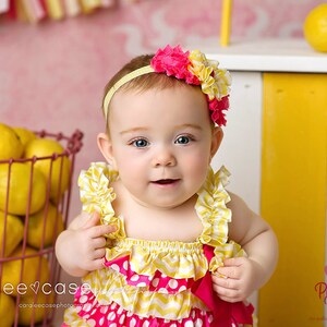 Pink Lemonade 1st Birthday Yellow & Pink Baby Romper Baby Girl Rompers Ruffle Rompers 1st Birthday Outfit Sunshine Birthday Cake Smash image 3