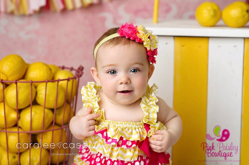 Pink Lemonade 1st Birthday Yellow & Pink Baby Romper Baby Girl Rompers Ruffle Rompers 1st Birthday Outfit Sunshine Birthday Cake Smash image 3