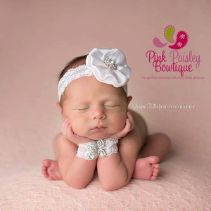 Newborn Bracelet And Headband Set. Unique Newborn Photo Prop. Infant Headband and Baby Wristlet set. Baby fingerless gloves Baby Accessories image 2