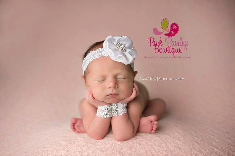 Newborn Bracelet And Headband Set. Unique Newborn Photo Prop. Infant Headband and Baby Wristlet set. Baby fingerless gloves Baby Accessories image 2