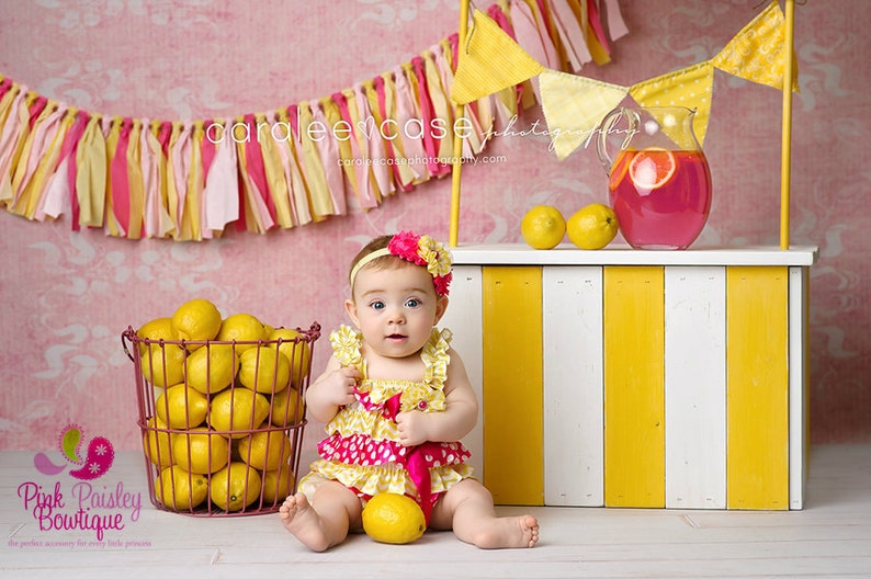 Pink Lemonade 1st Birthday Yellow & Pink Baby Romper Baby Girl Rompers Ruffle Rompers 1st Birthday Outfit Sunshine Birthday Cake Smash image 2