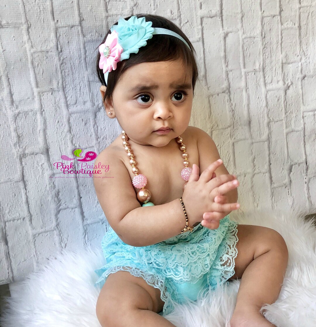 Pink Mint & Gold Chunky Necklace, Mint and Gold Baby Necklace, Gold