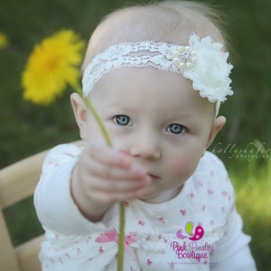 Baptism Headbands. White or Ivory Newborn Headbands. Baby Hair Accessories. Christening Headbands. Infant Headbands. Baby Baptism. Ivory Bow image 1