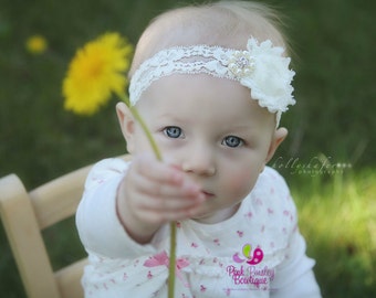 Baptism Headbands. White or Ivory Newborn Headbands. Baby Hair Accessories. Christening Headbands. Infant Headbands. Baby Baptism. Ivory Bow