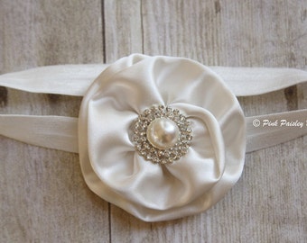 Ivory Baby Headband - Baptism Headband - Christening - Baby Girl Flower Headband - Flower Girl Headband. Baby Hair Accessories