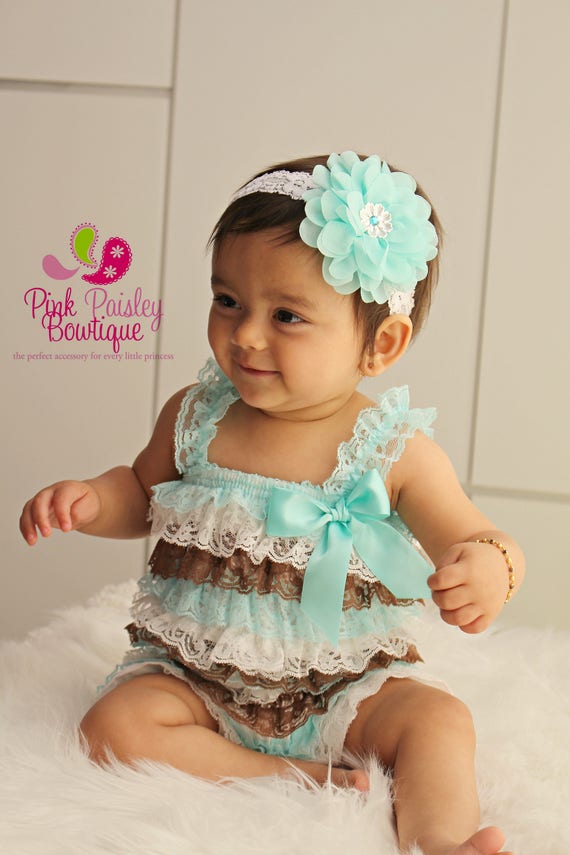 Aqua Lace Romper and Headband Pc SET, Baby Girl 1st Birthday
