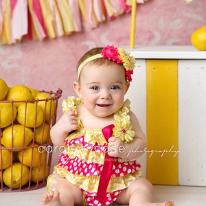 Pink Lemonade 1st Birthday Yellow & Pink Baby Romper Baby Girl Rompers Ruffle Rompers 1st Birthday Outfit Sunshine Birthday Cake Smash image 1