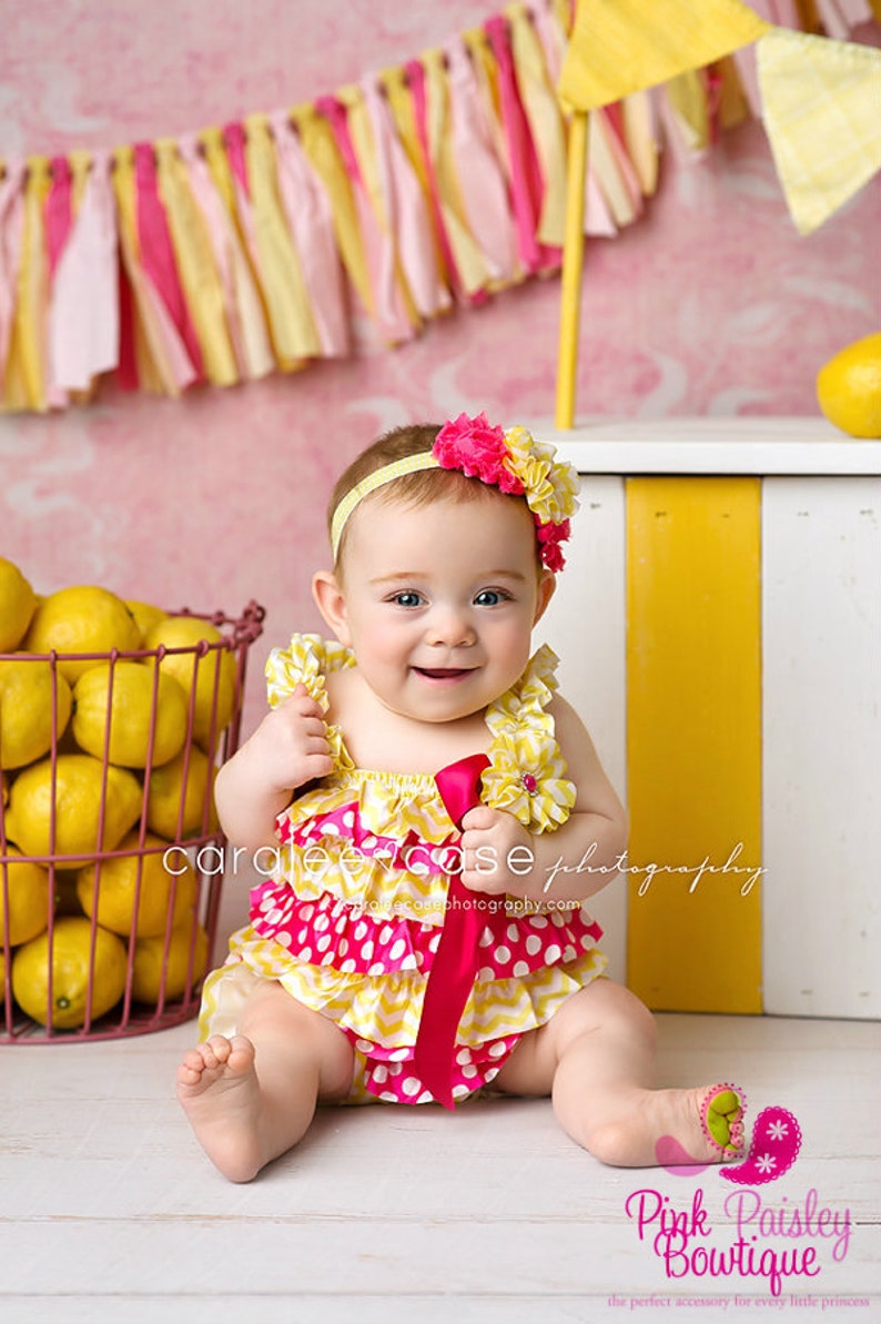 Pink Lemonade 1st Birthday Yellow & Pink Baby Romper Baby Girl Rompers Ruffle Rompers 1st Birthday Outfit Sunshine Birthday Cake Smash image 1