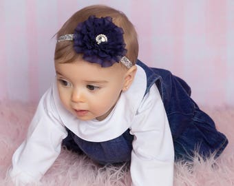 Purple Blue Baby Headbands. Blue Hair Bows, Dark Blue Headband, Baby Girl Headband, Silver Headband, Baby Hairbows, Baby Shower Gift