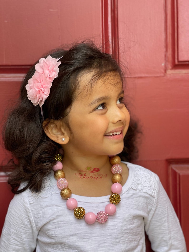 Pink & Gold Necklace, Bubblegum Necklace and headband set , Girls/Toddlers Chunky , Multi-Color Girls Necklace, image 4