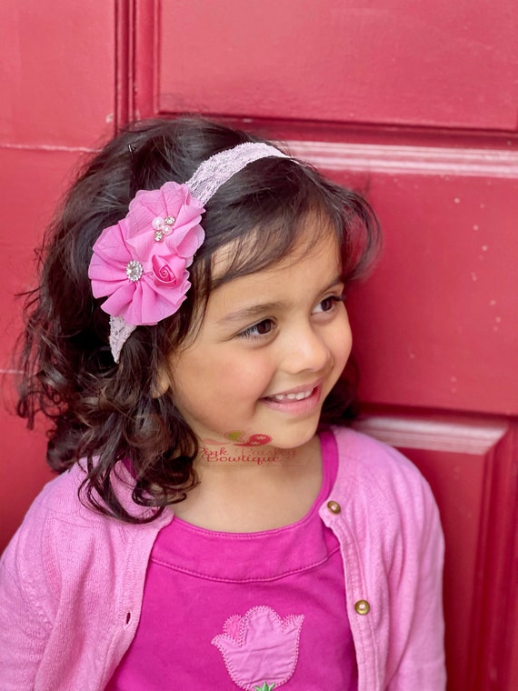 Pink Flower Baby Headband: Rosette, Pearl & Diamond Center  display picture 2