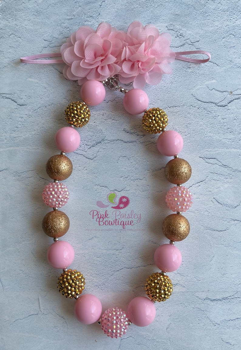 Pink & Gold Necklace, Bubblegum Necklace and headband set , Girls/Toddlers Chunky , Multi-Color Girls Necklace, image 2