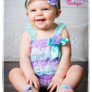 Cake Smash Outfit -  Aqua & Lavender Petti Romper - Baby Girl Rompers , 1st Birthday Outfit - Baby Girl Birthday Dress