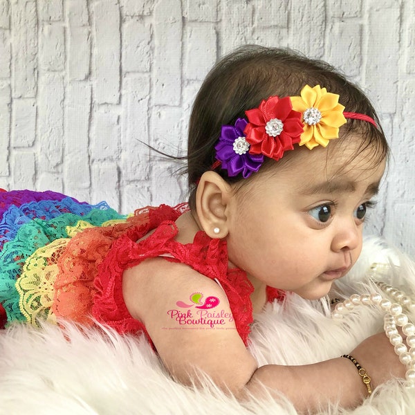Rainbow Lace Baby Romper: Newborn Outfit with Flower Headband