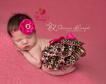 Newborn photo outfit, baby bloomers, ruffle diaper cover, cheetah outfit, hot pink baby outfit, baby girl newborn photos, cake smash outfit