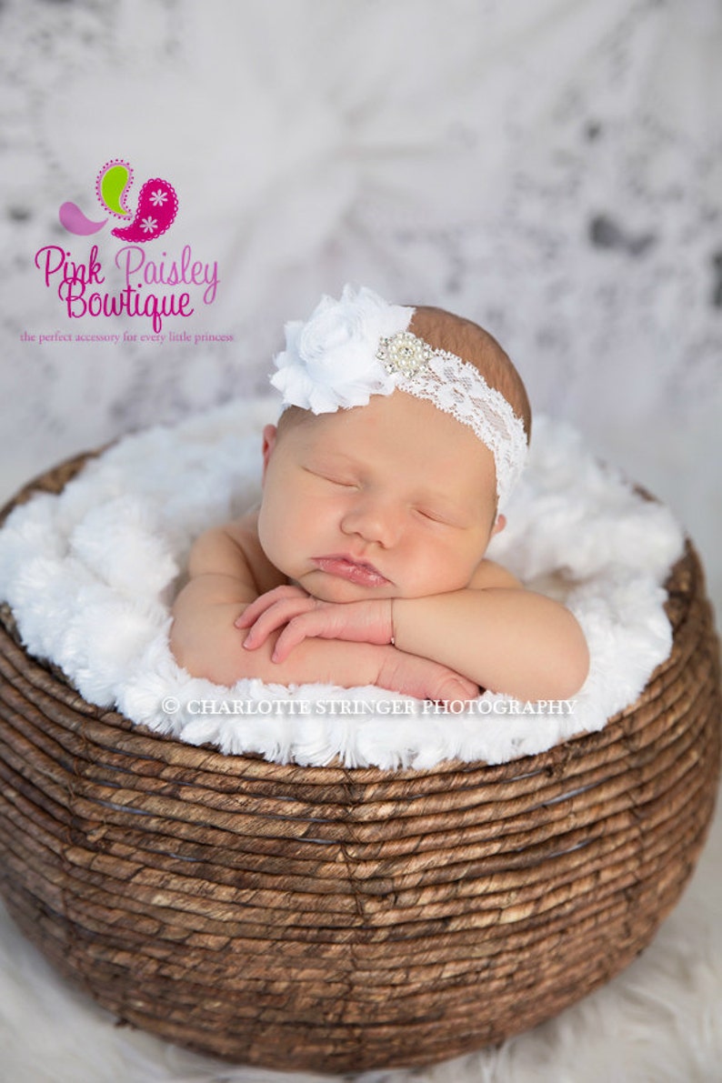 Baptism Headbands. White or Ivory Newborn Headbands. Baby Hair Accessories. Christening Headbands. Infant Headbands. Baby Baptism. Ivory Bow image 7